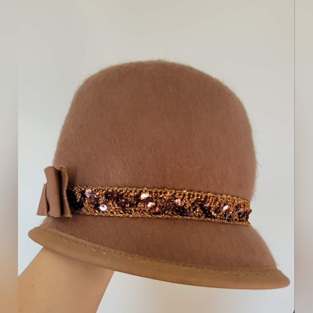 Jo Ann Wool Hat With Sequined band & bow.